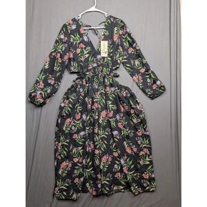Indulge  Floral Midi Dress Long Sleeve Cutout Waist Black XL